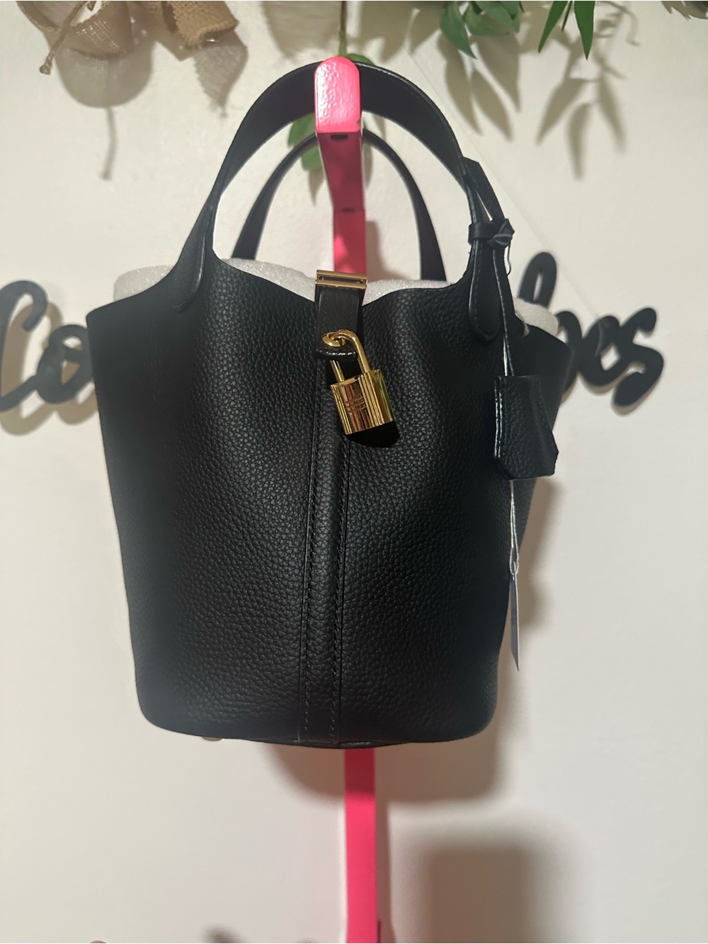 Black Leather Bucket Bag with Gold Lock